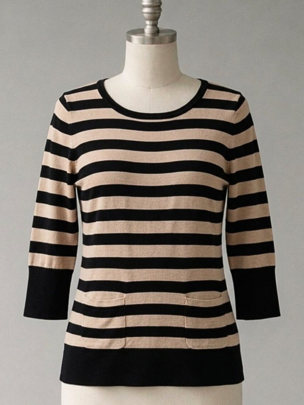 Audrey & Grace | Black & Tan Striped 3/4 Sleeve Top/Blouse with Pockets | Sz S